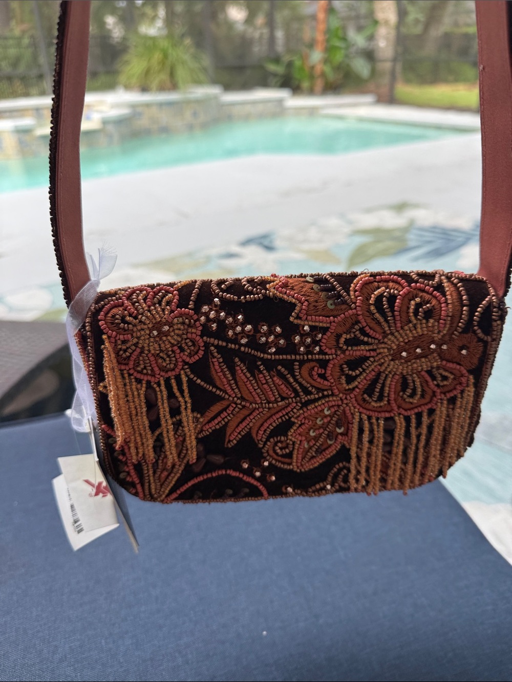 Beaded Floral Evening Clutch in Brown and Pink
